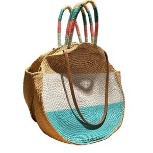 Vintage straw beach bag with color block